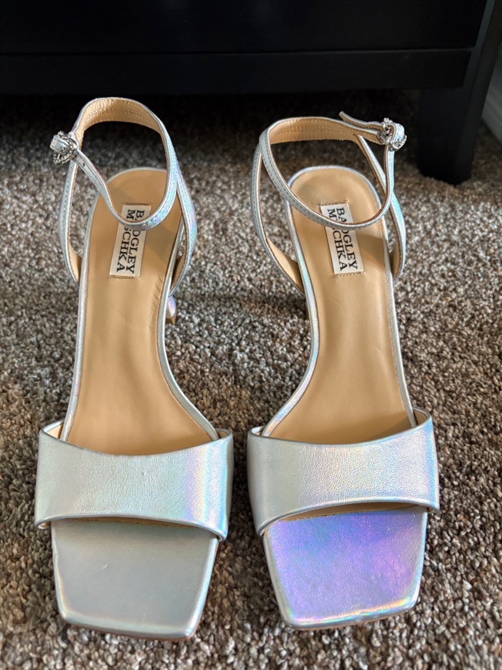 Badgley Mischka Iridescent Silver Open-Toe Ankle-Strap Heels